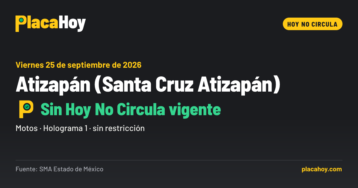 Sin Hoy No Circula vigente · Hoy No Circula · Atizapán (Santa Cruz Atizapán) · Viernes 25 de septiembre de 2026