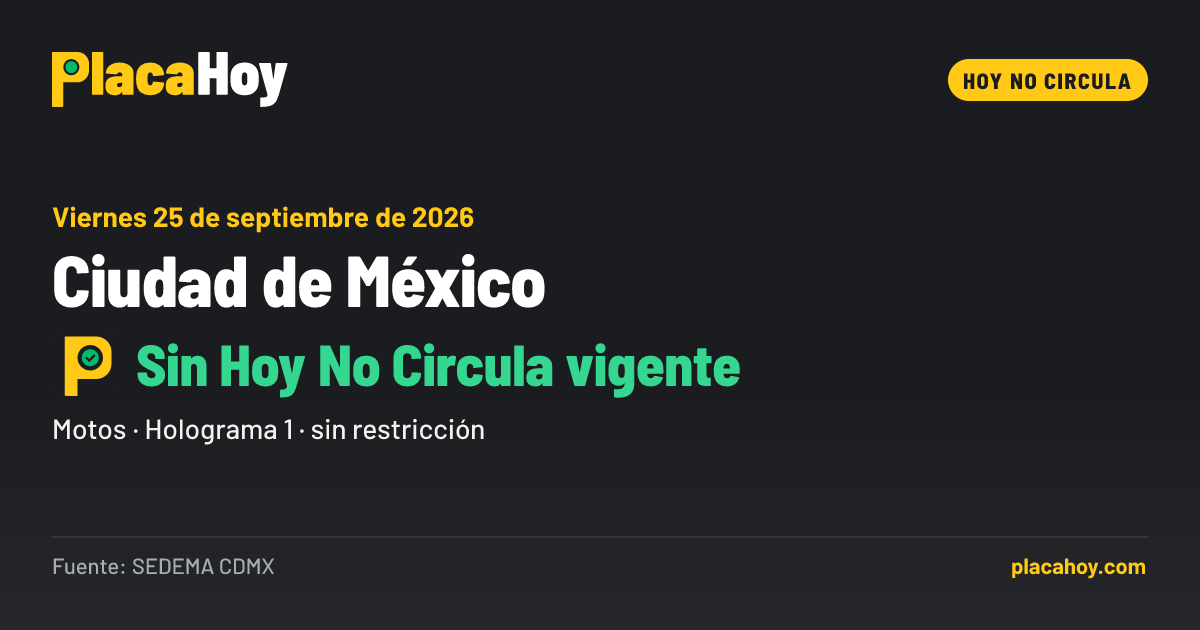 Sin Hoy No Circula vigente · Hoy No Circula · Ciudad de México · Viernes 25 de septiembre de 2026