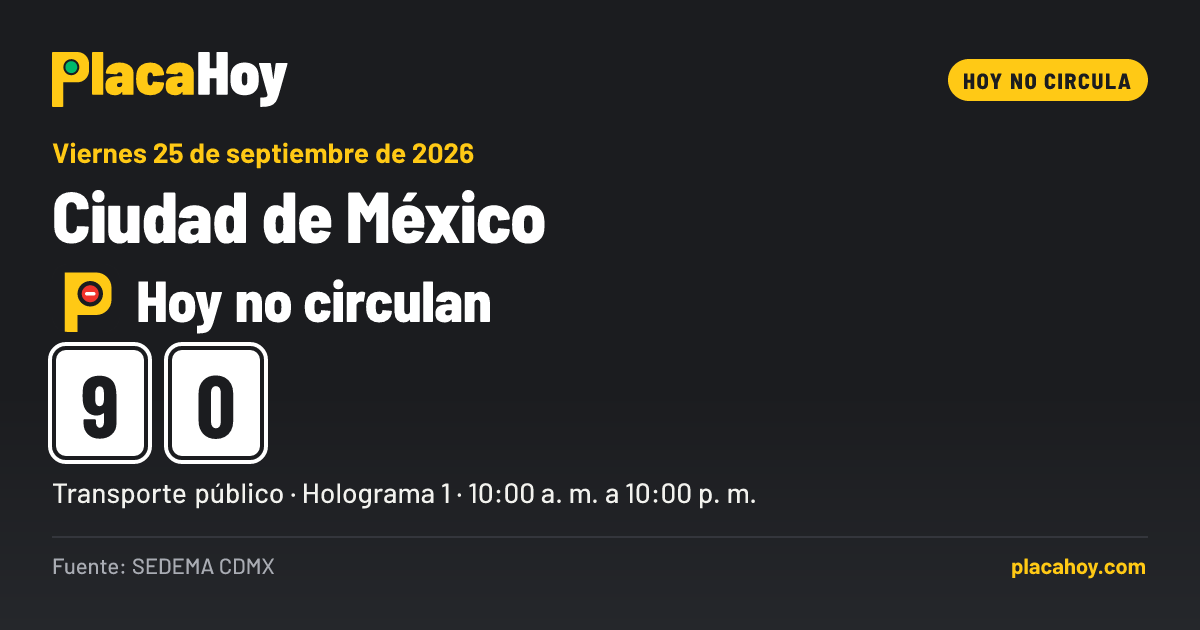 Hoy no circulan · 9, 0 · Hoy No Circula · Ciudad de México · Viernes 25 de septiembre de 2026