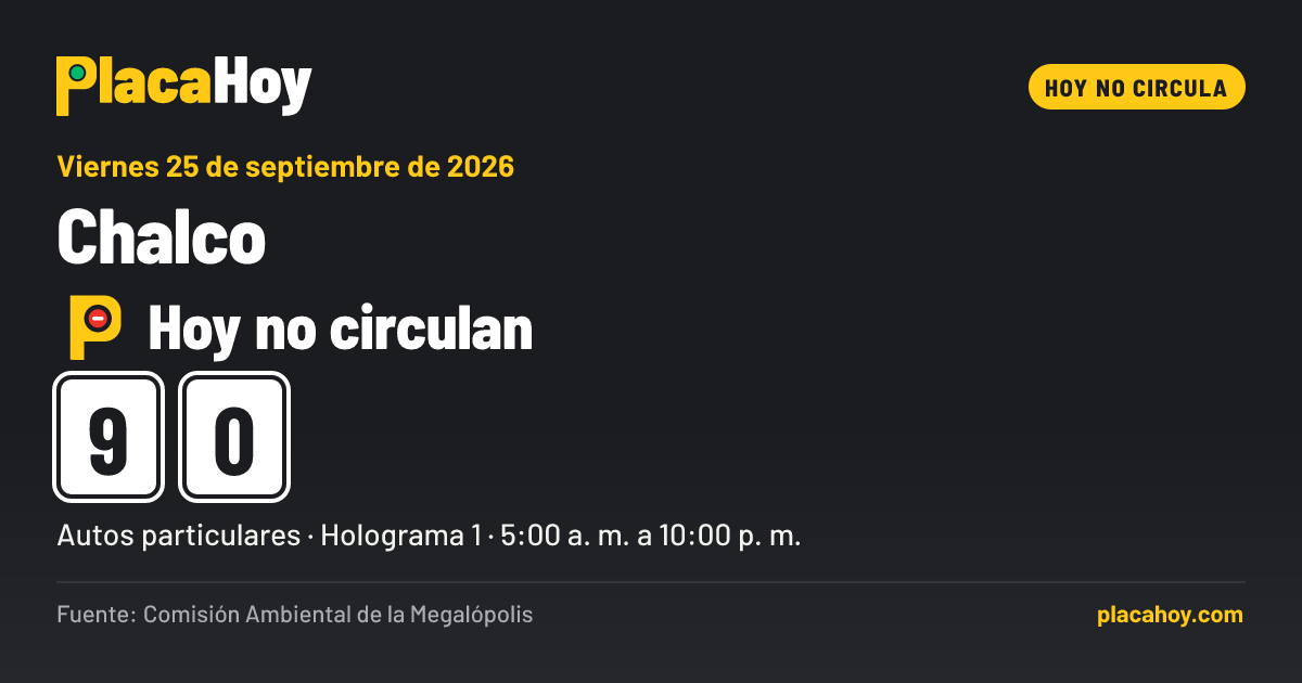 Hoy no circulan · 9, 0 · Hoy No Circula · Chalco · Viernes 25 de septiembre de 2026