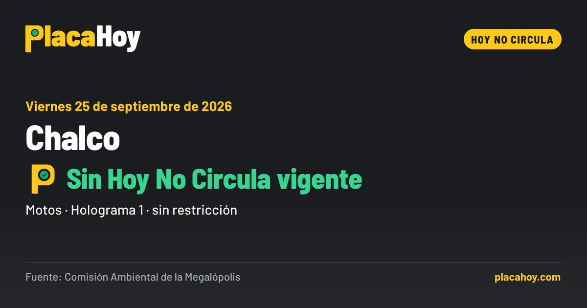 Sin Hoy No Circula vigente · Hoy No Circula · Chalco · Viernes 25 de septiembre de 2026