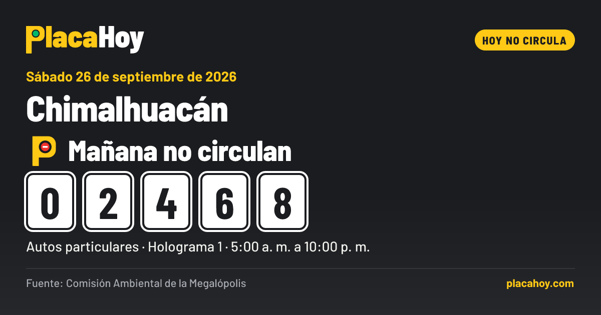 Mañana no circulan · 0, 2, 4, 6, 8 · Hoy No Circula · Chimalhuacán · Sábado 26 de septiembre de 2026