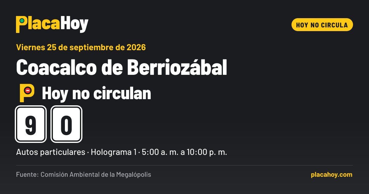 Hoy no circulan · 9, 0 · Hoy No Circula · Coacalco de Berriozábal · Viernes 25 de septiembre de 2026