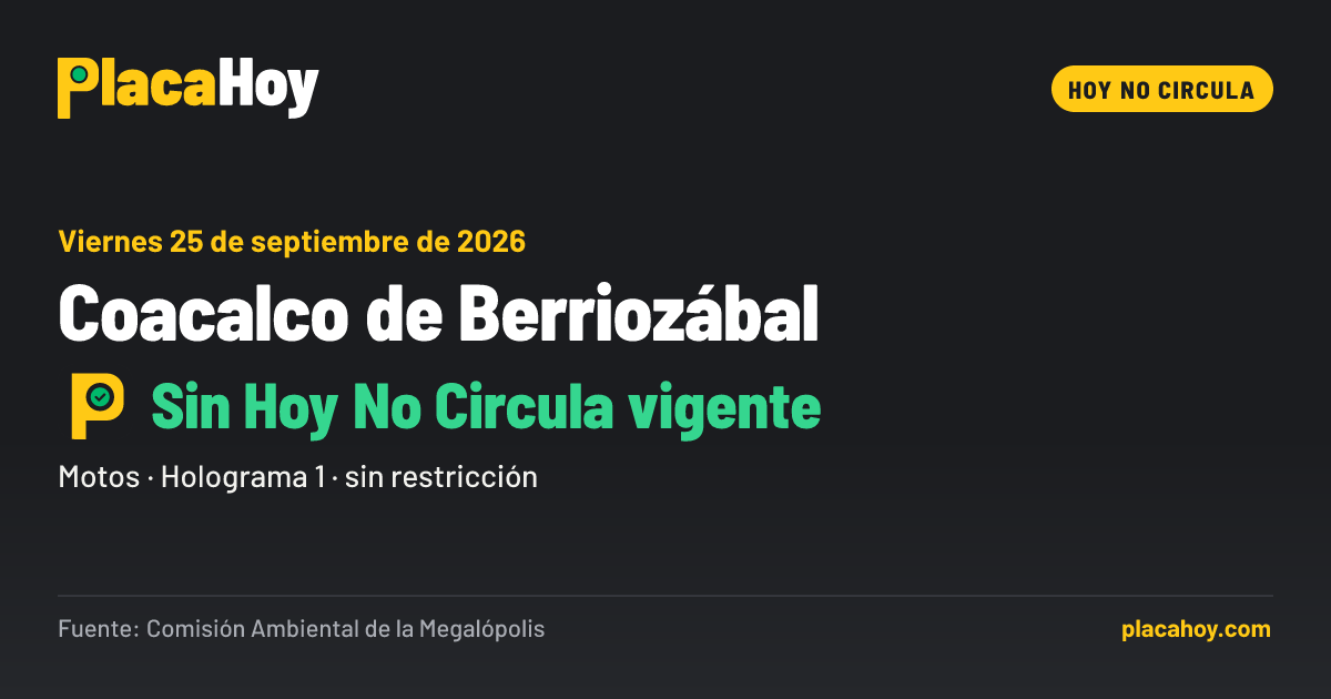 Sin Hoy No Circula vigente · Hoy No Circula · Coacalco de Berriozábal · Viernes 25 de septiembre de 2026