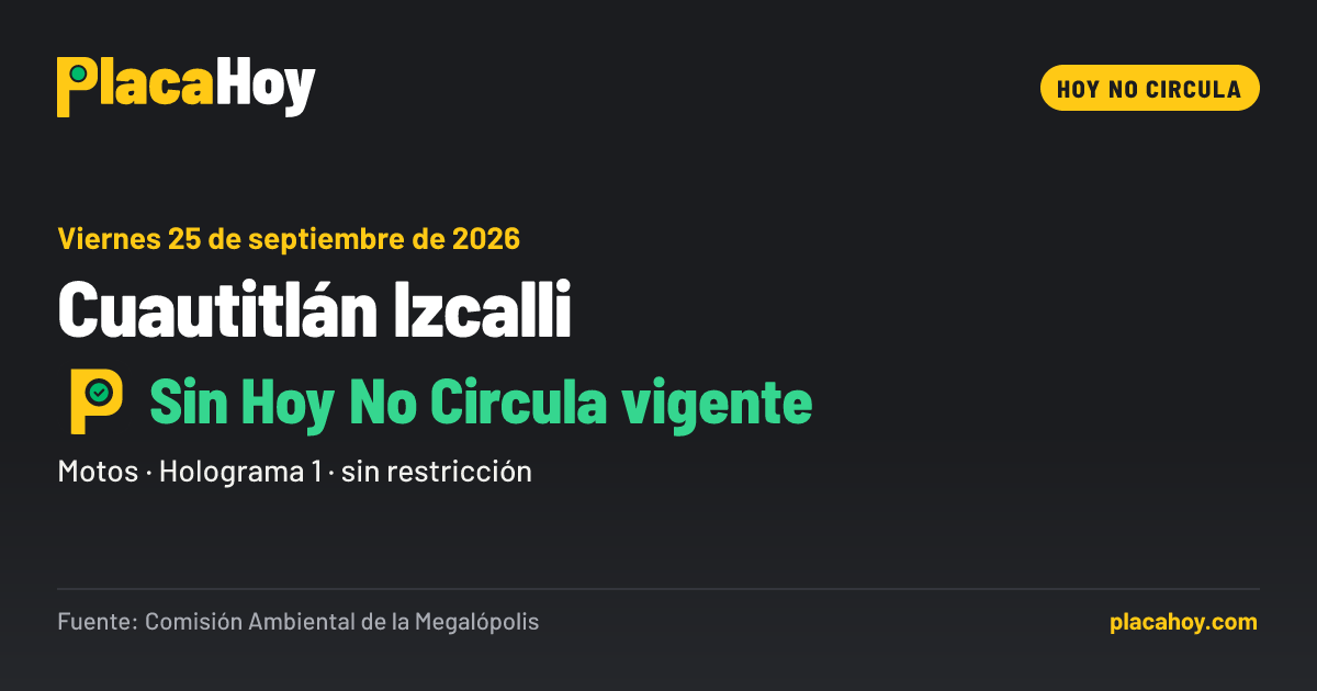 Sin Hoy No Circula vigente · Hoy No Circula · Cuautitlán Izcalli · Viernes 25 de septiembre de 2026