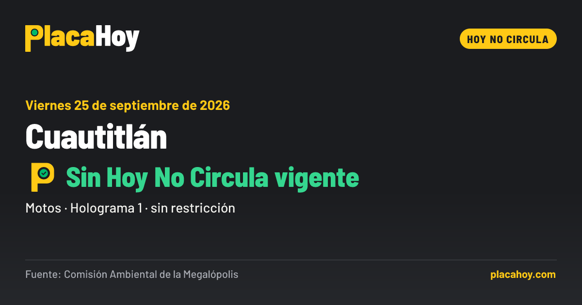 Sin Hoy No Circula vigente · Hoy No Circula · Cuautitlán · Viernes 25 de septiembre de 2026