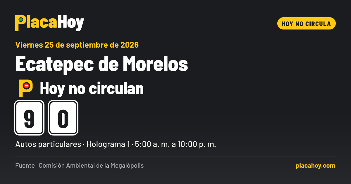Hoy no circulan · 9, 0 · Hoy No Circula · Ecatepec de Morelos · Viernes 25 de septiembre de 2026