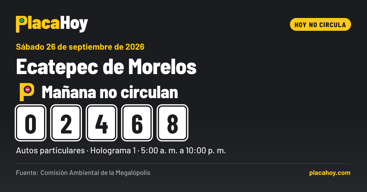 Mañana no circulan · 0, 2, 4, 6, 8 · Hoy No Circula · Ecatepec de Morelos · Sábado 26 de septiembre de 2026