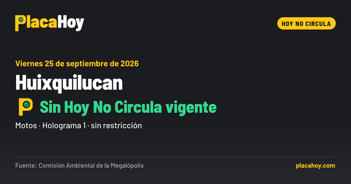Sin Hoy No Circula vigente · Hoy No Circula · Huixquilucan · Viernes 25 de septiembre de 2026