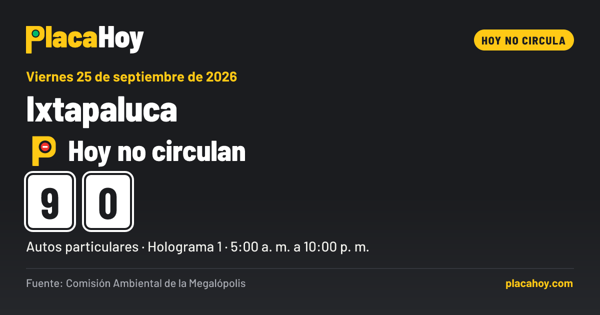 Hoy no circulan · 9, 0 · Hoy No Circula · Ixtapaluca · Viernes 25 de septiembre de 2026