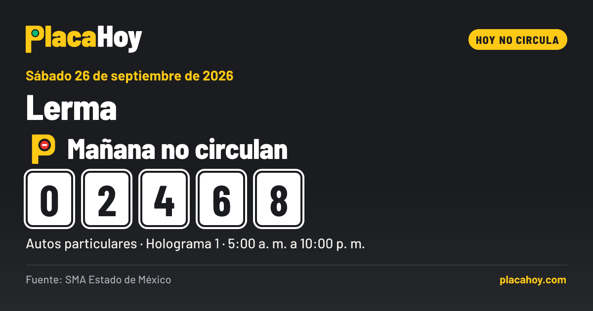 Mañana no circulan · 0, 2, 4, 6, 8 · Hoy No Circula · Lerma · Sábado 26 de septiembre de 2026