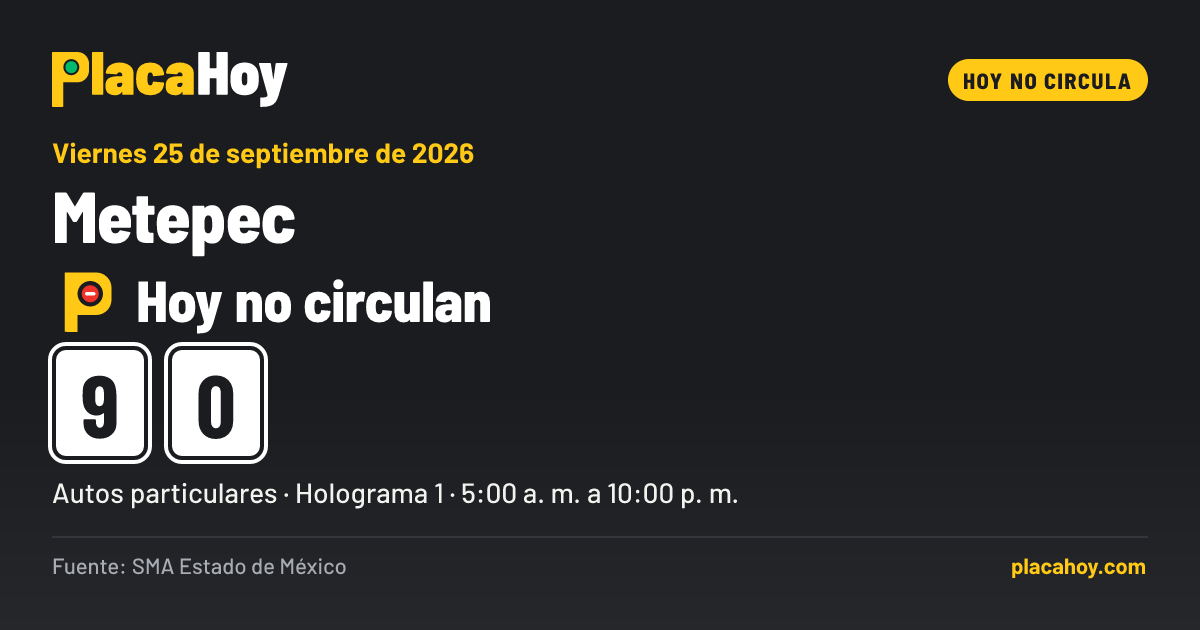 Hoy no circulan · 9, 0 · Hoy No Circula · Metepec · Viernes 25 de septiembre de 2026