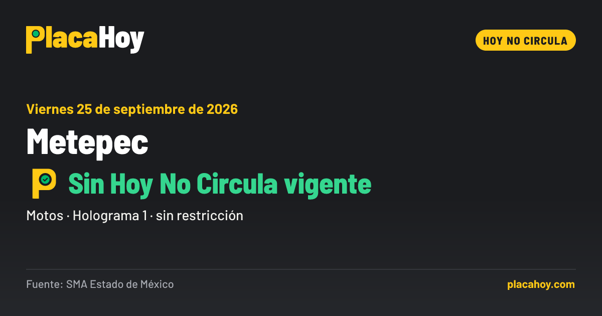 Sin Hoy No Circula vigente · Hoy No Circula · Metepec · Viernes 25 de septiembre de 2026