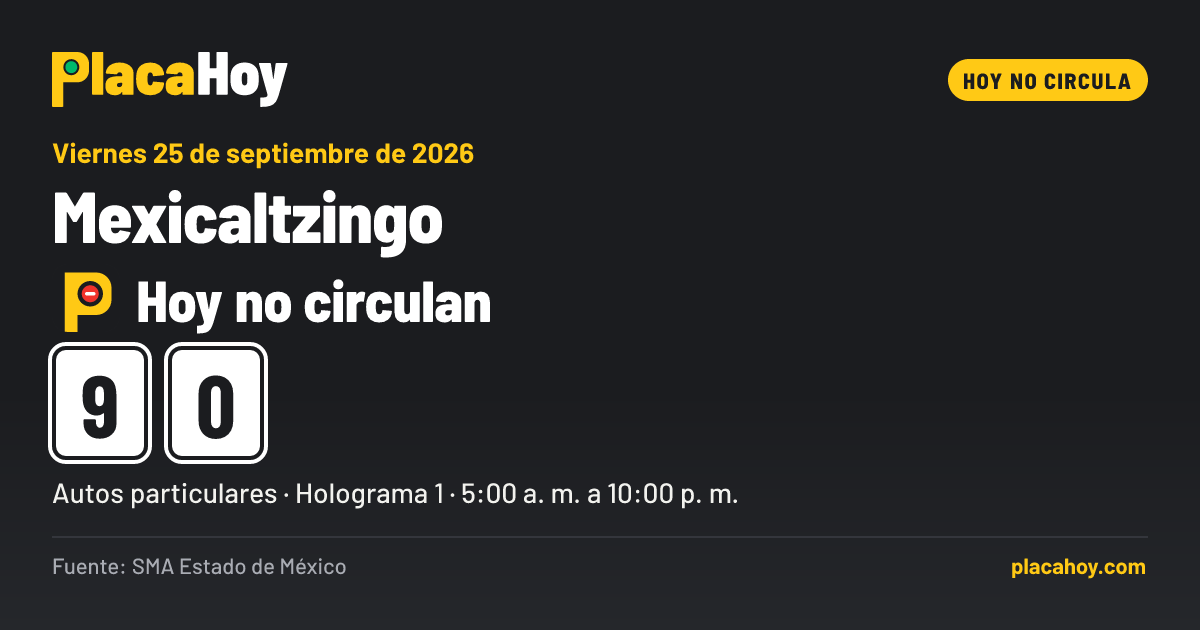 Hoy no circulan · 9, 0 · Hoy No Circula · Mexicaltzingo · Viernes 25 de septiembre de 2026
