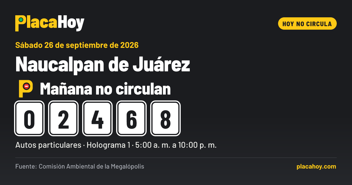 Mañana no circulan · 0, 2, 4, 6, 8 · Hoy No Circula · Naucalpan de Juárez · Sábado 26 de septiembre de 2026