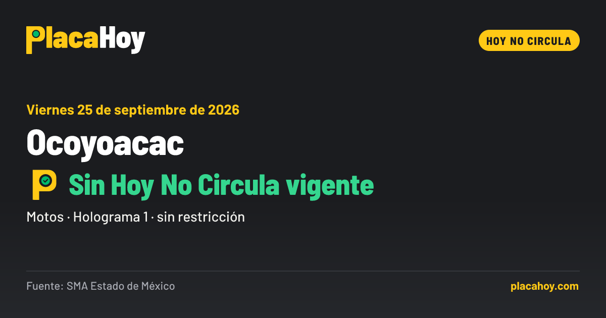 Sin Hoy No Circula vigente · Hoy No Circula · Ocoyoacac · Viernes 25 de septiembre de 2026