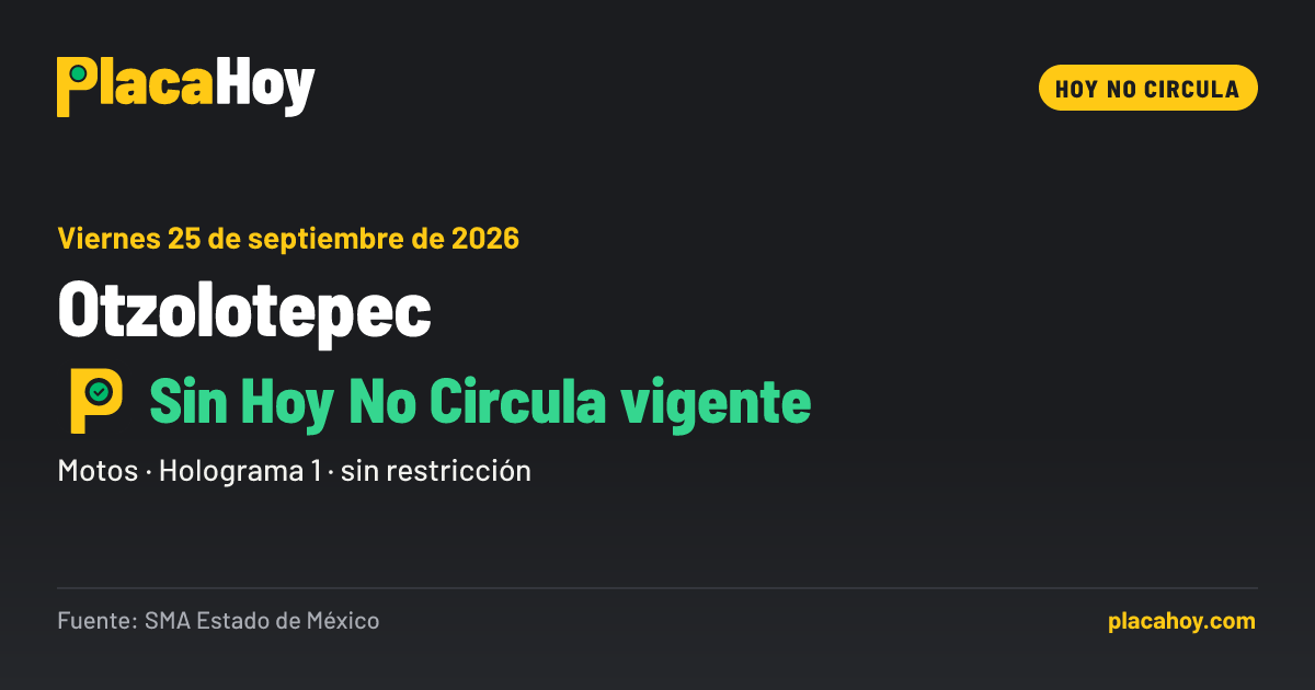 Sin Hoy No Circula vigente · Hoy No Circula · Otzolotepec · Viernes 25 de septiembre de 2026