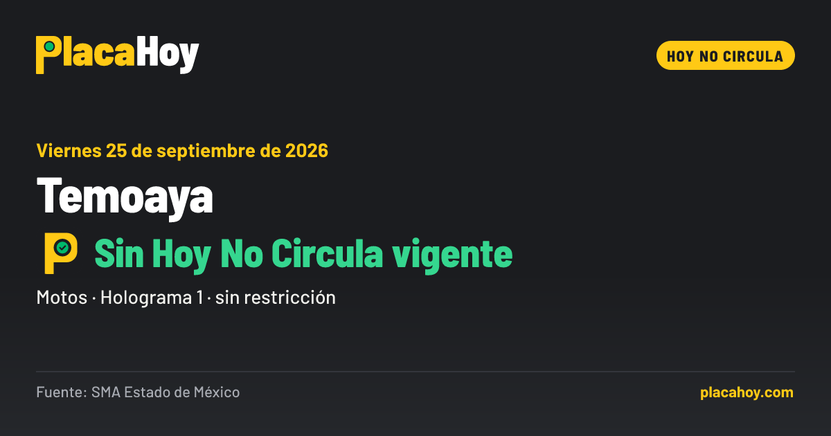 Sin Hoy No Circula vigente · Hoy No Circula · Temoaya · Viernes 25 de septiembre de 2026