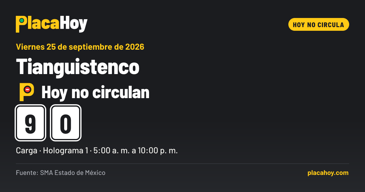 Hoy no circulan · 9, 0 · Hoy No Circula · Tianguistenco · Viernes 25 de septiembre de 2026