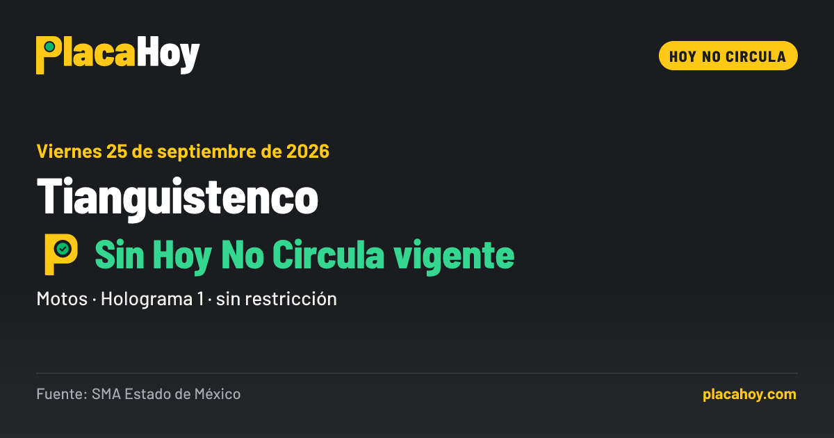 Sin Hoy No Circula vigente · Hoy No Circula · Tianguistenco · Viernes 25 de septiembre de 2026