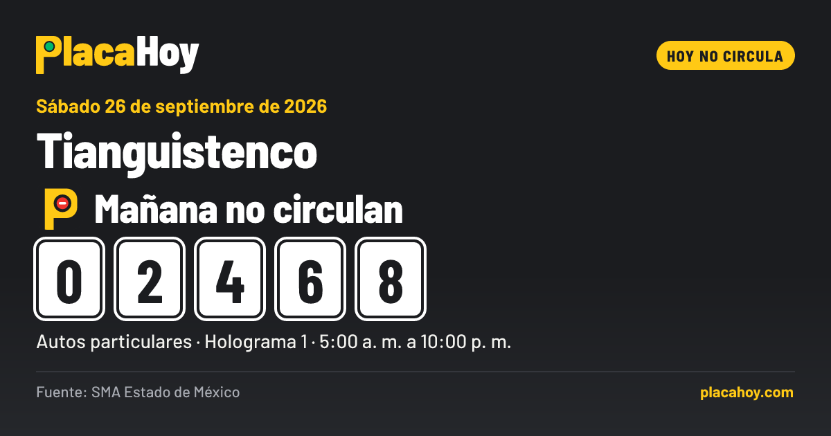 Mañana no circulan · 0, 2, 4, 6, 8 · Hoy No Circula · Tianguistenco · Sábado 26 de septiembre de 2026