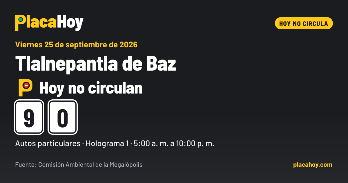 Hoy no circulan · 9, 0 · Hoy No Circula · Tlalnepantla de Baz · Viernes 25 de septiembre de 2026