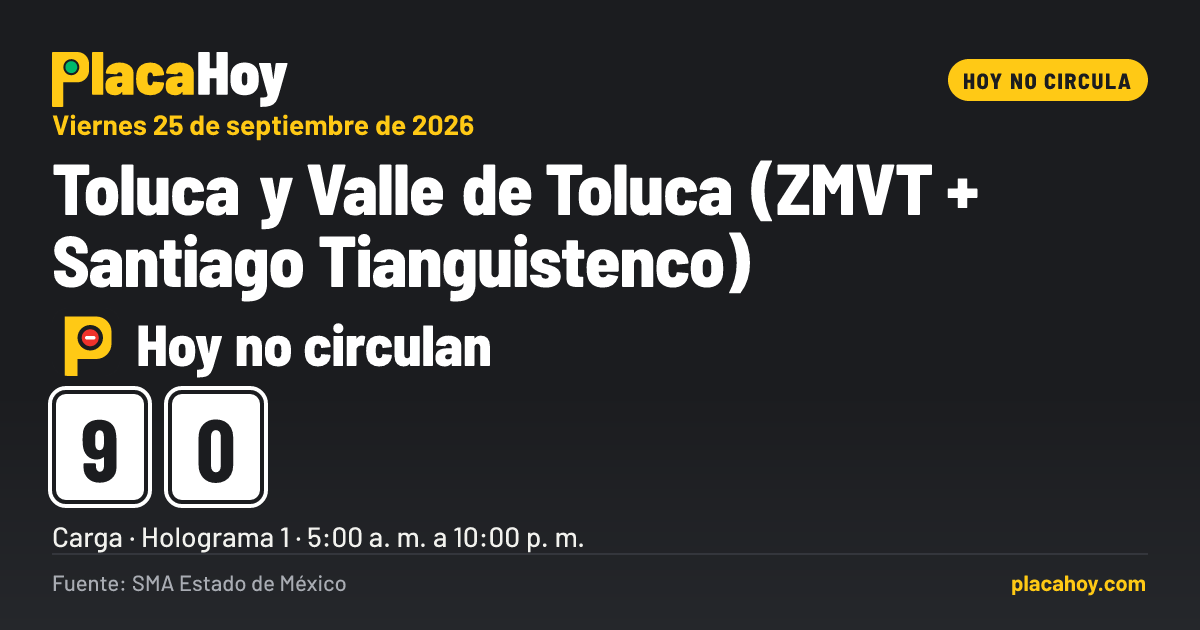 Hoy no circulan · 9, 0 · Hoy No Circula · Toluca y Valle de Toluca (ZMVT + Santiago Tianguistenco) · Viernes 25 de septiembre de 2026