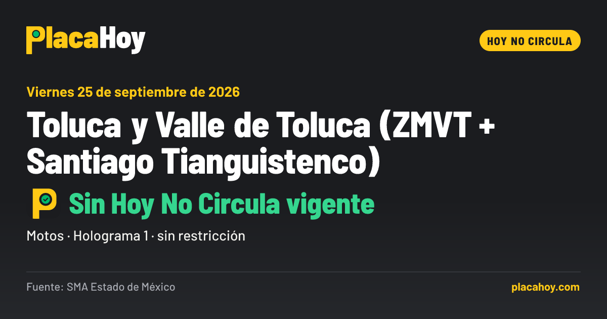 Sin Hoy No Circula vigente · Hoy No Circula · Toluca y Valle de Toluca (ZMVT + Santiago Tianguistenco) · Viernes 25 de septiembre de 2026