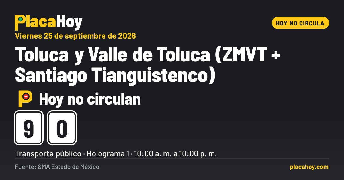 Hoy no circulan · 9, 0 · Hoy No Circula · Toluca y Valle de Toluca (ZMVT + Santiago Tianguistenco) · Viernes 25 de septiembre de 2026