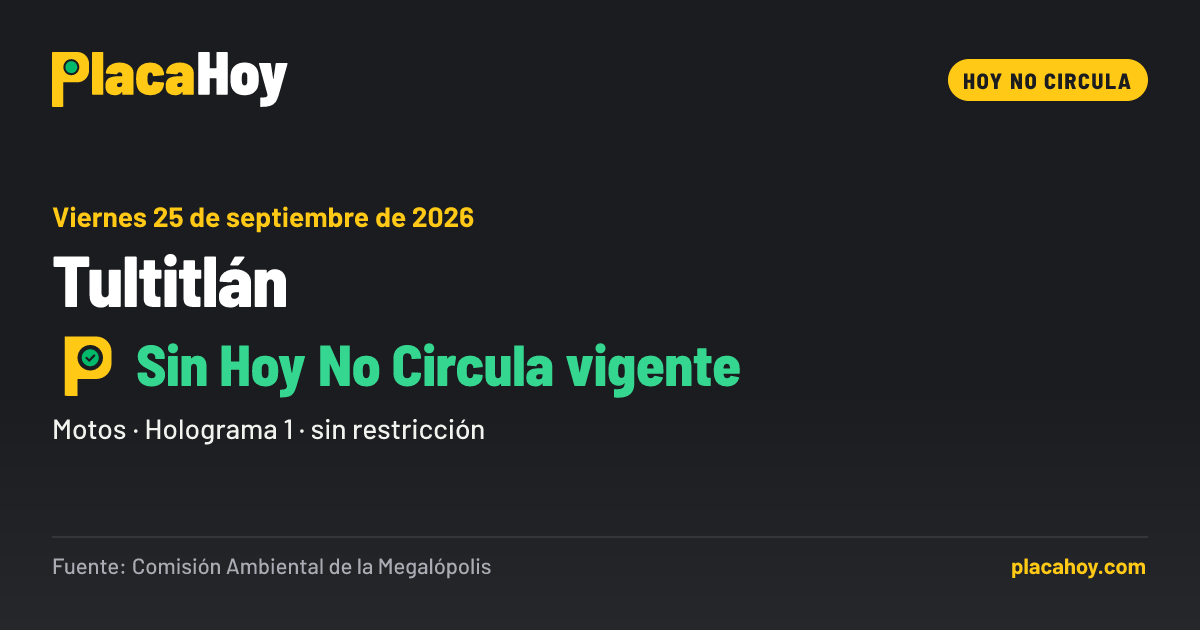 Sin Hoy No Circula vigente · Hoy No Circula · Tultitlán · Viernes 25 de septiembre de 2026