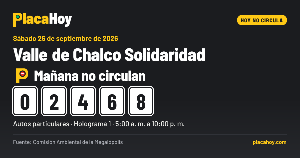 Mañana no circulan · 0, 2, 4, 6, 8 · Hoy No Circula · Valle de Chalco Solidaridad · Sábado 26 de septiembre de 2026