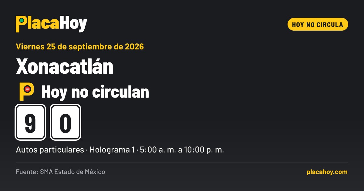 Hoy no circulan · 9, 0 · Hoy No Circula · Xonacatlán · Viernes 25 de septiembre de 2026