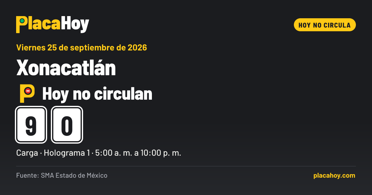 Hoy no circulan · 9, 0 · Hoy No Circula · Xonacatlán · Viernes 25 de septiembre de 2026