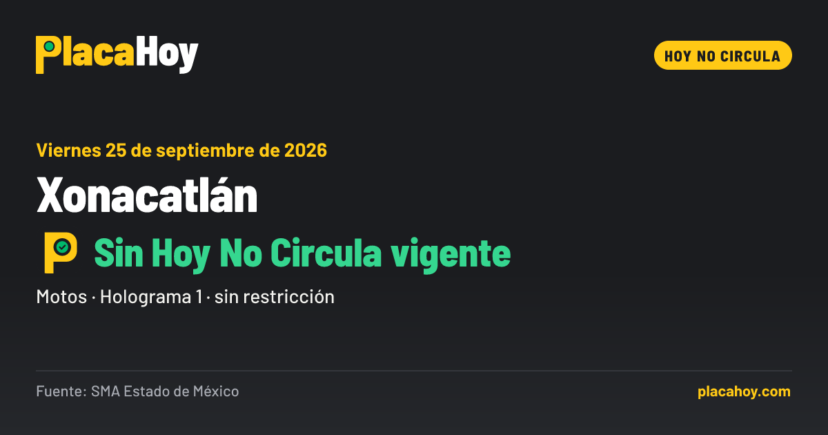 Sin Hoy No Circula vigente · Hoy No Circula · Xonacatlán · Viernes 25 de septiembre de 2026