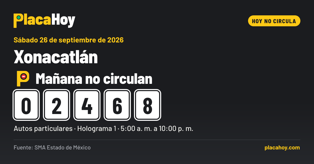 Mañana no circulan · 0, 2, 4, 6, 8 · Hoy No Circula · Xonacatlán · Sábado 26 de septiembre de 2026